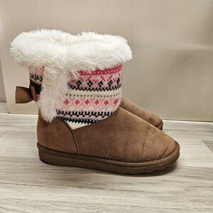Ocean & Coast Girls Pink Fair Isle Sweater Boots Size 3 Faux Fur Bow
